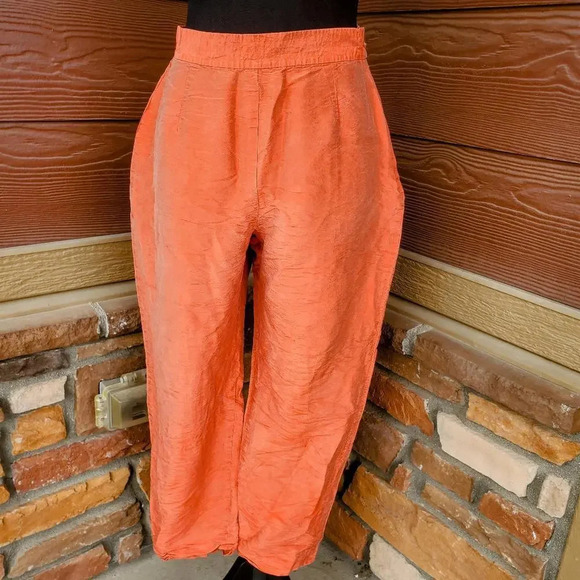 Vintage Rena Rowan Orange 100% Silk Cropped Pants Size 8 - Picture 1 of 11
